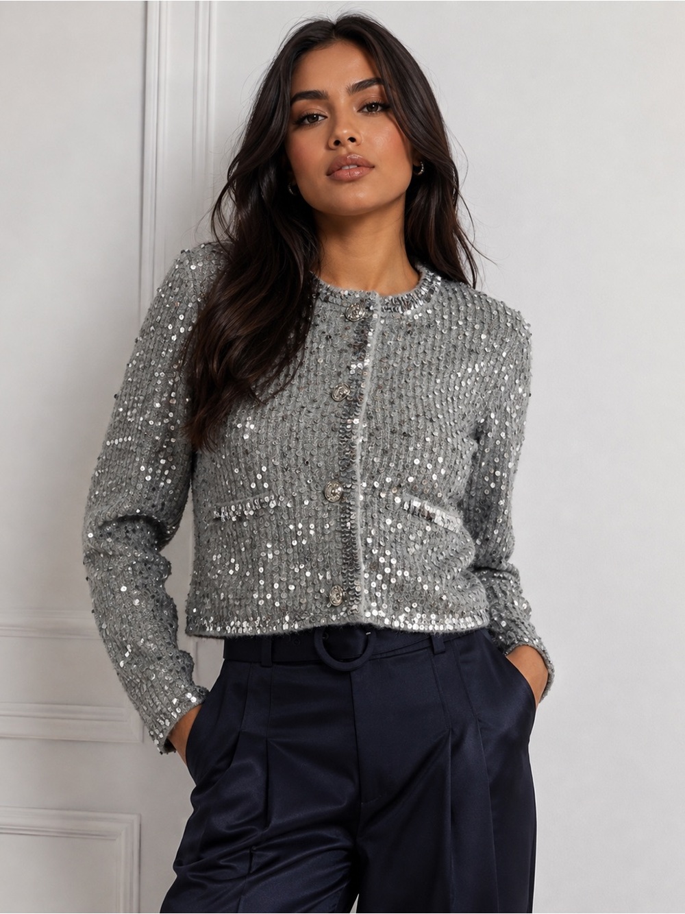 NWT Cinq à Sept Benoit Sequin Jacket‎ Sz X-Small SILVER